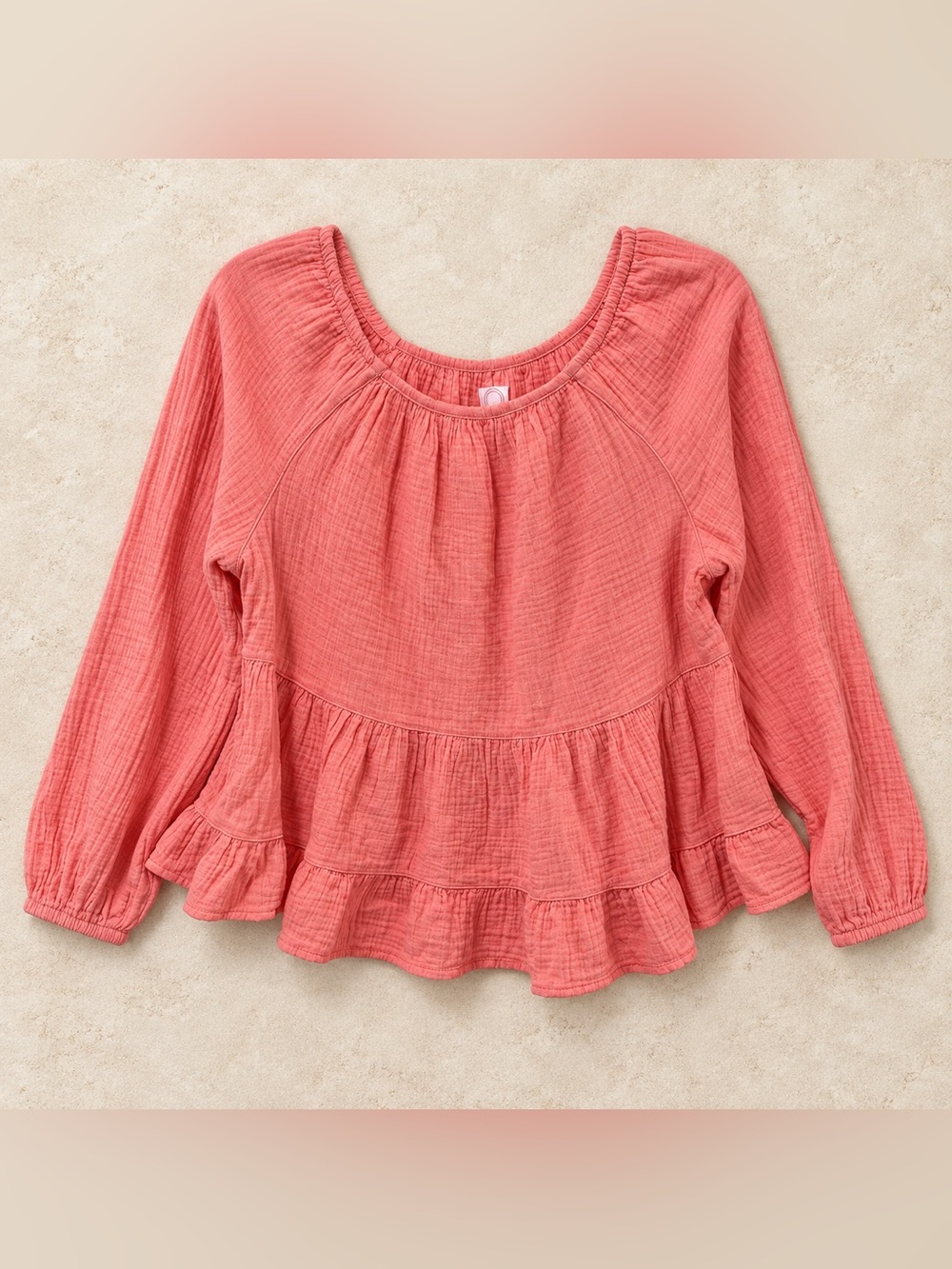 Girls Coral Pink Long-Sleeve Peasant Top